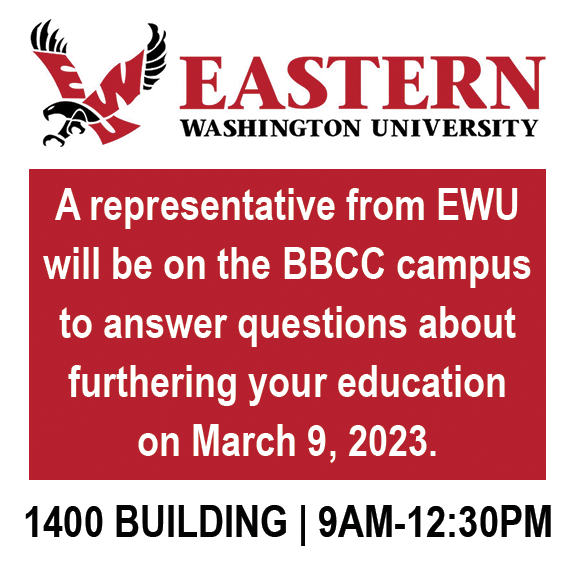 A representative from Eastern Washington University will be on the Big Bend Campus this Thursday, March 9th, from 9AM to 1230PM in the 1400 Building to answer student questions about transfer and other opportunities. Make plans to stop by! #BigBendCC #EWU