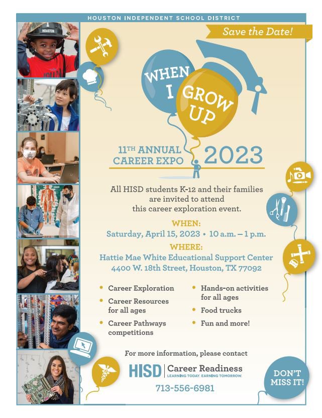 Annual ‘When I Grow Up’ Career Expo set for April 15th! 

For more info, visit link —&gt; blogs.houstonisd.org/news/2023/03/0…

@HireHOUYouth