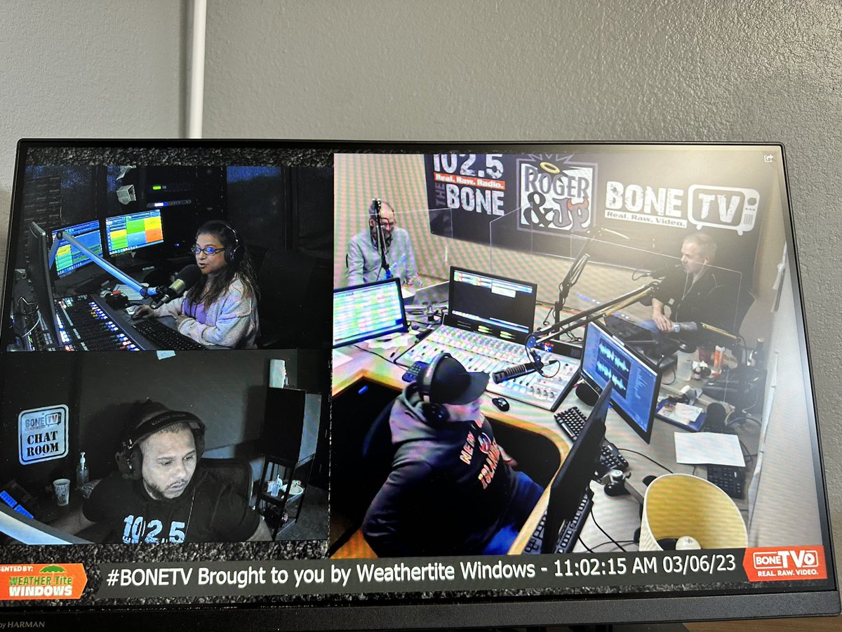 Back in the office for the first time in a while. Turn on #bonetv. Wtf are those plexiglass dividers doing😂😂 <a href="/RadioBrett/">Brett Fiumara</a> <a href="/billsfanmonica/">Monica! 🎧📻🎙</a> <a href="/rogerontheradio/">RogerOnTheRadio</a> <a href="/JPOnYourRadio/">JP</a> <a href="/RogerandJP/">Roger & JP</a>