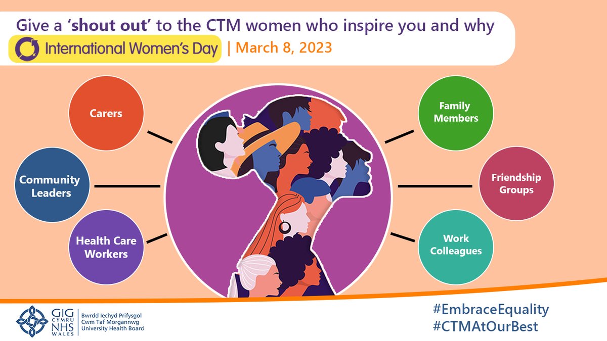 On #InternationalWomensDay2023,  let’s celebrate and recognise the women of Cwm Taf Morgannwg who are making a difference in our communities.
Use the comment box below to give a shout out to a woman / women who have influenced your life and wellbeing.

#CTMWomenAtOurBest