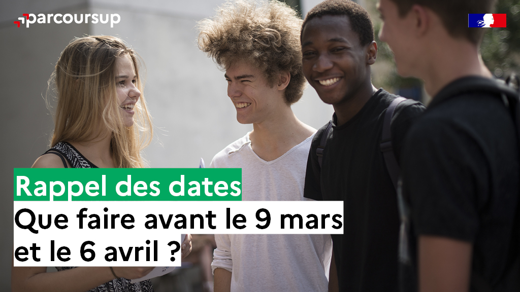 🗓️ Rappel des dates #Parcoursup ✅ 9 mars (23h59 heure de Paris) : fin de la formulation des vœux. ☑️ 6 avril dernier jour pour : - compléter votre dossier (projets de formations motivés, activités et centres d'intérêt...) - confirmer vos vœux