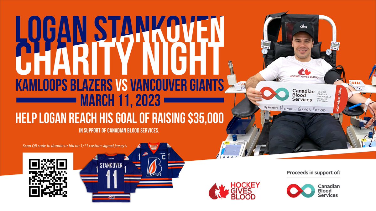 Hometown hero Logan Stankoven of Kamloops has a goal of raising $35,000 for charity &amp; needs your help. 

Scan the QR code to bid on 1/11 custom signed jersey’s or make a donation with all proceeds in support of <a href="/CanadasLifeline/">Canadian Blood Services</a> . 

Game night w/<a href="/blazerhockey/">Kamloops Blazers</a> Mar 11. <a href="/DallasStars/">Dallas Stars</a>