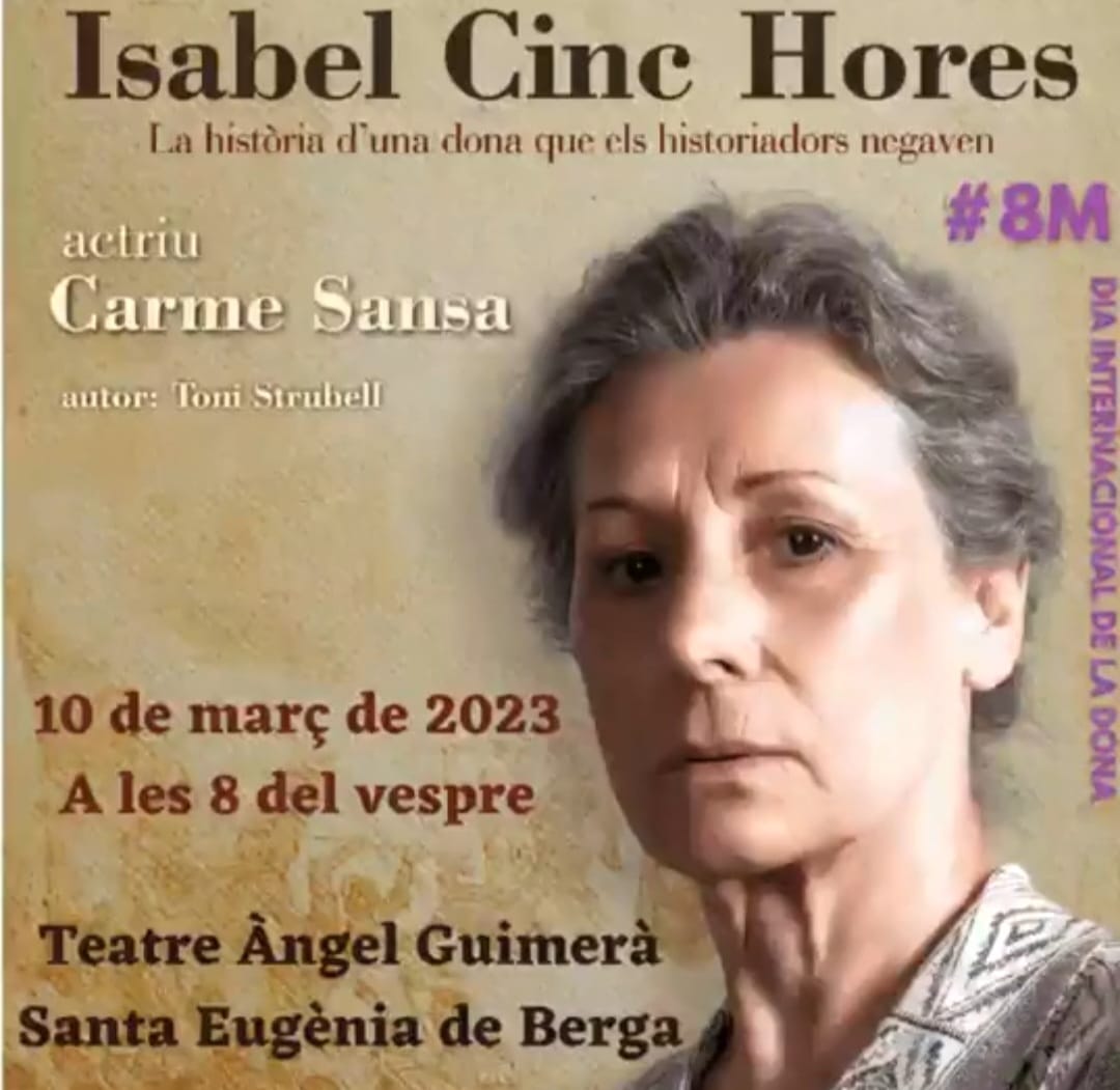 🔊#IsabelCincHores, amb l'actriu @CarmeSansa, es representa a @AjuntamentSEB, en el marc de la commemoració del Dia Internacional de la Dona Treballadora.

📆10/03
⏰20.00 h
📍Teatre Àngel Guimerà

#PlanasTeatre #Teatre #Cultura #Catalunya #8M #8M2023 #8deMarç2023 @tonistrubellt
