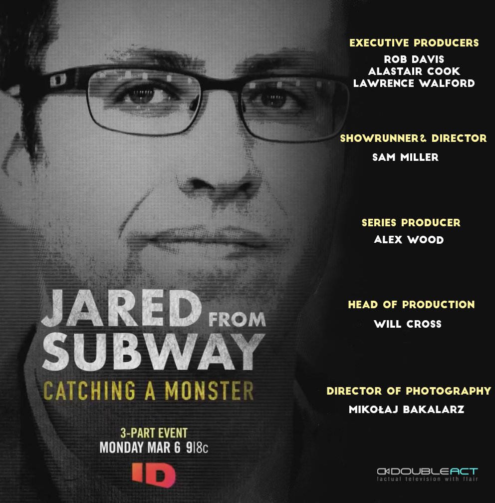 Double Act &amp; <a href="/DiscoveryID/">Investigation Discovery</a> are pleased to announce the release of 'Jared From Subway: Catching a Monster' airing back-to-back on Discovery ID tonight at 9pm EST and available for streaming on <a href="/discoveryplus/">discovery+</a> worldwide.

Don't miss out!

#truecrime  #docuseries #JaredFromSubway