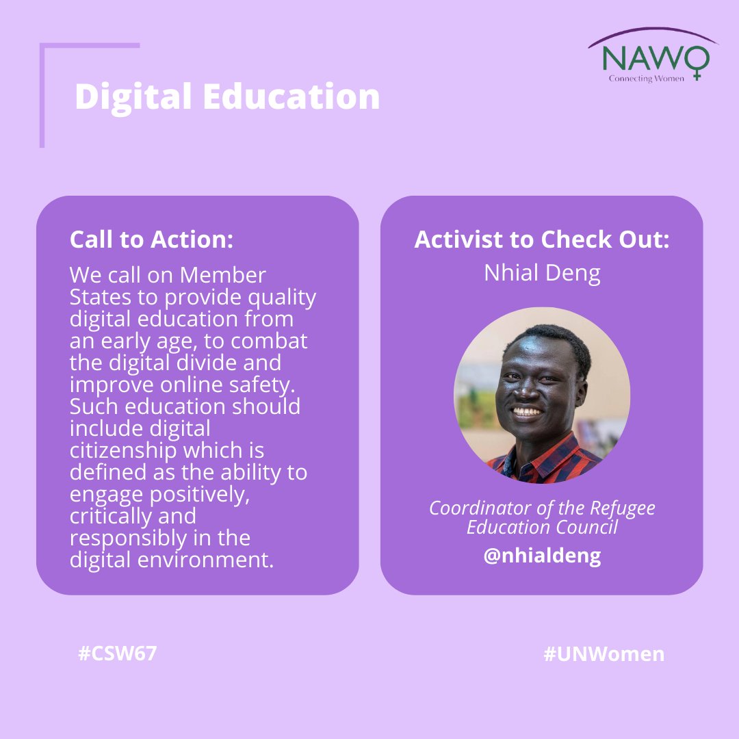 Today we call on Member States to provide quality digital education from an early age.

💭 Join us for further discussion at our event "A Feminist Internet" on March 14th at 1pm GMT via Zoom.

📌 Register using the link in our bio!

#CSW67 #NAWOUK #UNWOMEN #WHM