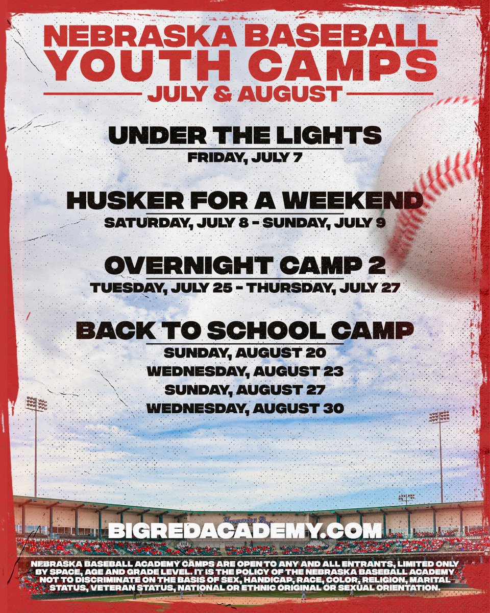 Calling all youth and high school players. 🗣

<a href="/BigRed_Academy/">Nebraska Baseball Academy</a>'s summer camps are now open for registration. Get signed up today before its too late!

🔗: bigredacademy.com
