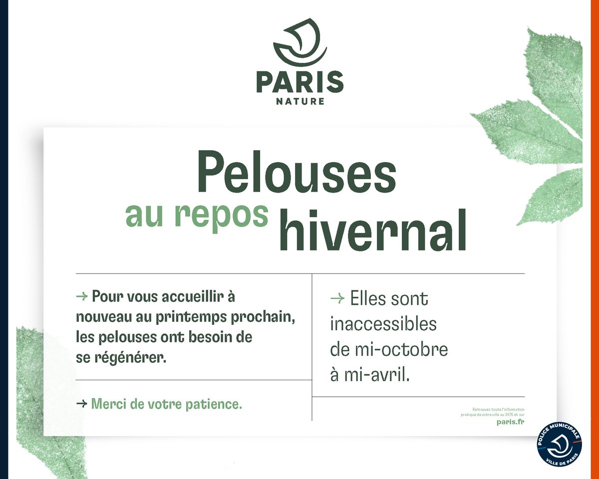 PMdeParis's tweet image. Les Agents d’Accueil et de Surveillance des espaces verts de la DPMP sont en charge du respect de la réglementation des jardins et des #parcs municipaux 👮‍♀️🌳👮‍♂️
Les contrevenants qui piétinent les pelouses au repos hivernal peuvent faire l’objet de verbalisation ⛔️🌱❄️
#PMdeParis