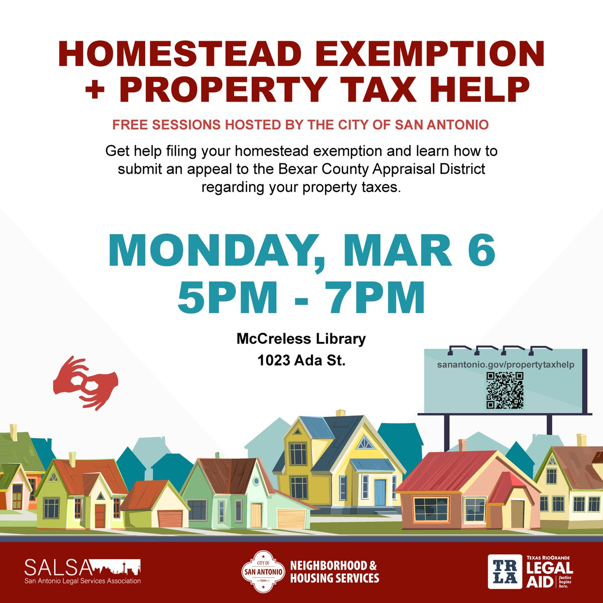 MercedTexas's tweet photo. ‼️TODAY‼️ @COSAGOV is hosting workshops across SA to help homeowners learn about exemptions &amp; steps to submit an appeal to lower property taxes. The next session is today, March 6, from 5-7 PM at McCreless Library. For a full list of workshops: https://t.co/lSelc7L3TL https://t.co/xtoO9SJpXC