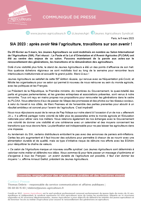 JeunesAgri's tweet photo. [#CP] #SIA2023 : après avoir fêté l’agriculture, travaillons sur son avenir ! #PLOAA
Notre communiqué au lendemain du Salon International de l'Agriculture 👇
https://t.co/44NS33pXa1 https://t.co/xPnqeVkf9F