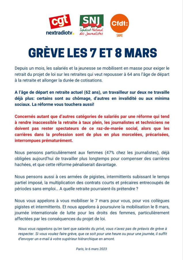 #7mars #8mars #ReformeDesRetraites
L'intersyndicale de Nextradiotv appelle tous les salariés à se mobiliser le 7 mars pour une journée FRANCE A L’ARRÊT et à poursuivre la mobilisation le 8 mars, journée internationale de lutte pour les droits des femmes

#CGT #SNJ #CFDT