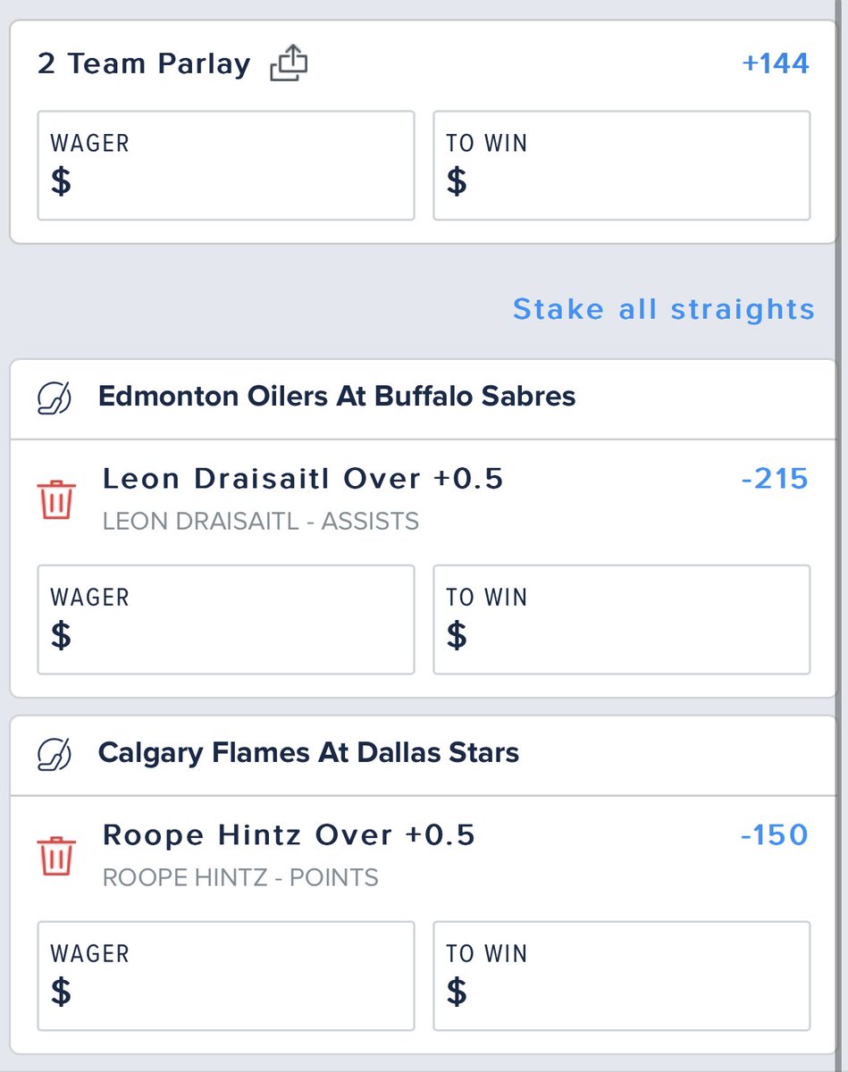 LocksOnlyMMA's tweet image. Bonus Parlay for tonight’s #NHL slate! Draisaitl O 0.5 assist/R. Hintz O 0.5 pts at +144! Both players in favourable matchups and playing top minutes. Let’s stay hot!🔥 #NHL #LocksOnly