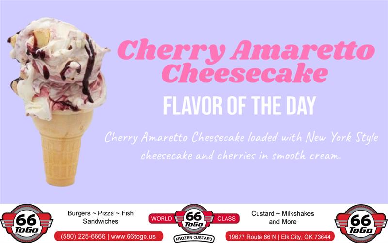 66Togo's tweet photo. March 6th FLAVOR OF THE DAY - Cherry Amaretto Cheesecake loaded with New York Style cheesecake and cherries in a smooth cream.

Come in or have it delivered to all 50 States at https://t.co/vqpN0zCa5W

#FlavorOfTheDay #Route66 #66ToGo #FrozenCustard #Cheesecake https://t.co/qamCXvXykS