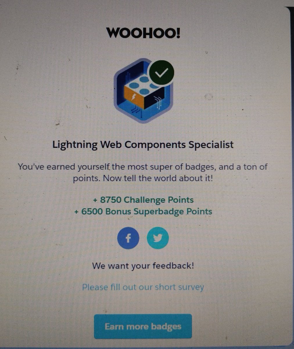 sfdcNeha's tweet image. Another superbadge added to the bucket !!! 🥳

Finally completed Lightning Web Component Specialist Superbadge.

#Salesforce #LightningWebComponent #LWC #TrailBlazers