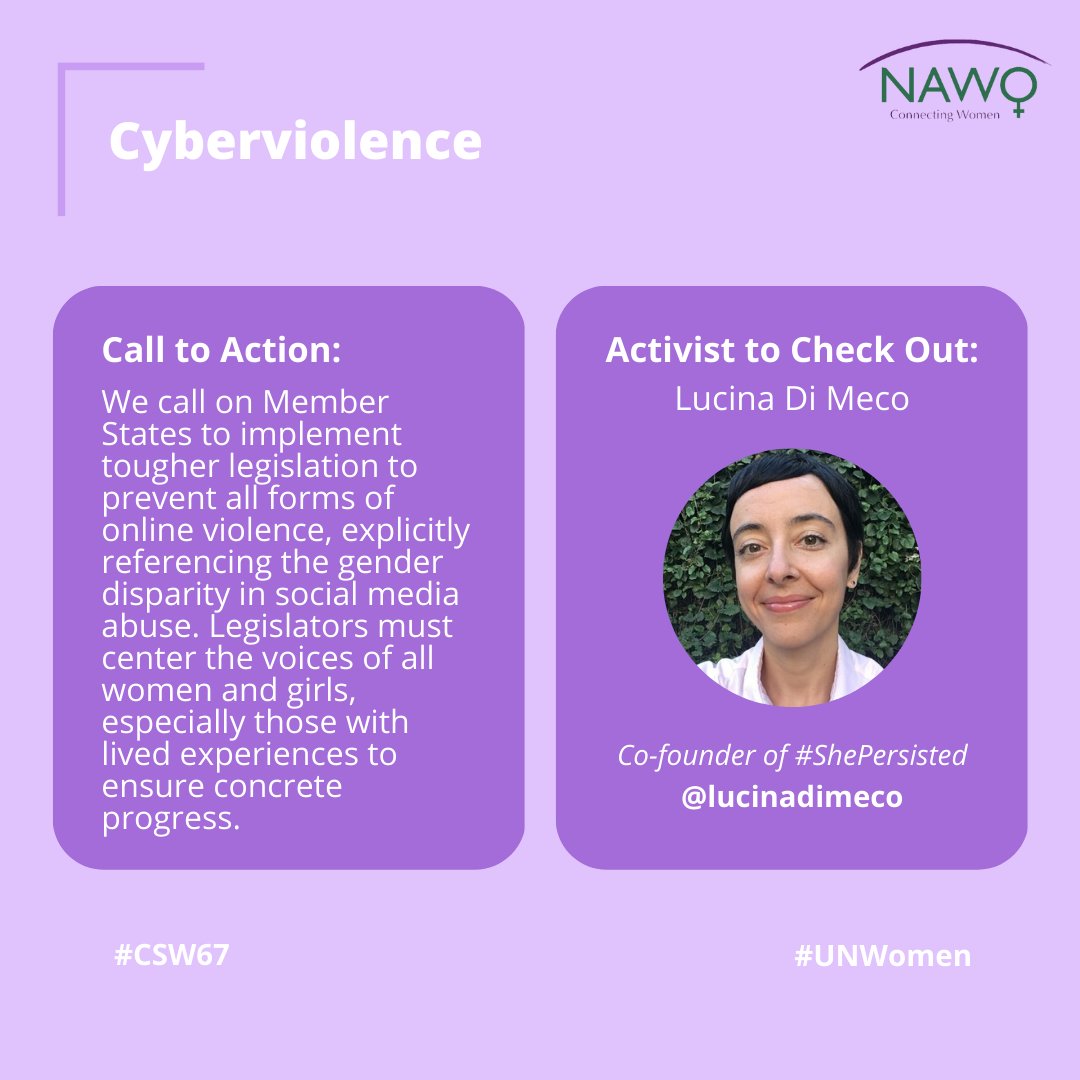 🗣️Today we call on Member States to implement tougher legislation to prevent all forms of online violence. #CSW67 #NAWOUK #UNWOMEN #WHM