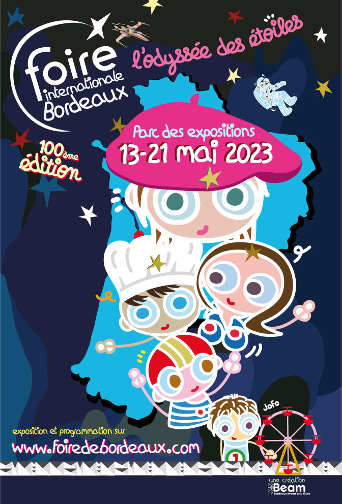 En route vers l’odyssée des étoiles... 🚀
Nous sommes heureux de vous dévoiler l'affiche de la #FoiredeBordeaux 2023. Une identité forte mêlant passion et région pour fêter cette 100ème édition ! 🎉

Merci à @jofo notre artiste régional pour cette création made in Sud Ouest ✨