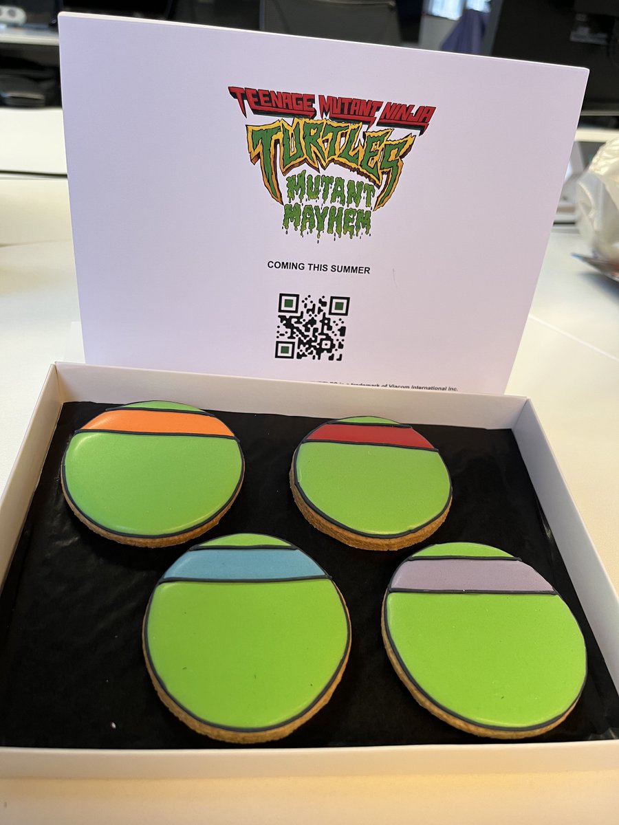 🚨NEW TRAILER DROP!🚨 Have you seen the brand-new #TMNTmovie trailer yet?! Follow the QR code below to check it out. We CAN NOT wait to watch the full Mutant Mayhem movie when it hits cinemas this August, but these bodacious biscuits will keep us going for now... #Cowabunga