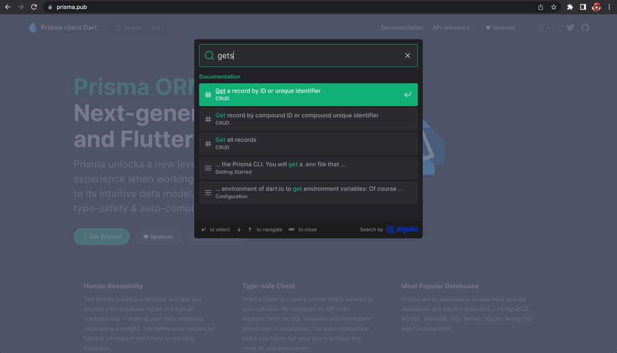 OdroeDev's tweet photo. Our documentation site for @Prisma ORM for Dart uses @docsearch_ to improve the documentation search experience!

🧐 https://t.co/Du1XWilQTB https://t.co/RMXZzr8Tqw
