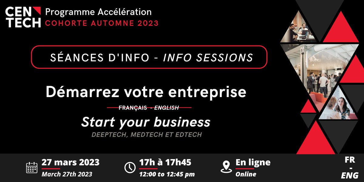 <a href="/CentechMTL/">Centech</a> vous invite à sa première séance d'info en vue de la cohorte Automne 2023 du programme Accélération!🚀

<a href="/CentechMTL/">Centech</a> invites you to its first info session for the Fall 2023 cohort of the Acceleration program!🚀

FR: eventbrite.ca/e/560516739657
ENG: eventbrite.ca/e/560519457787