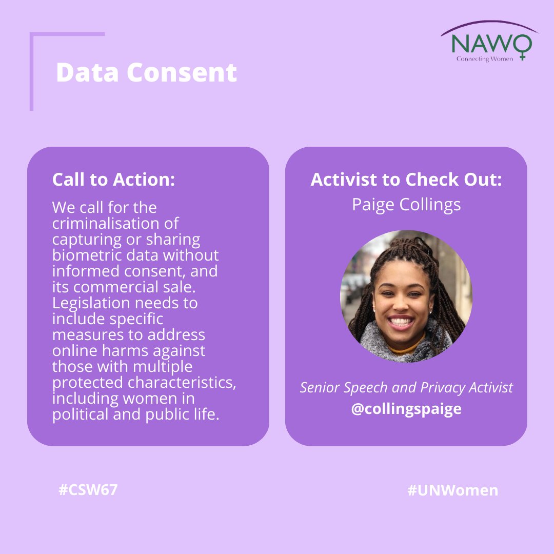 📣 Today we call on Member States for the criminalisation of capturing or sharing biometric bata without informed consent, and its commercial sale!

#CSW67 #NAWOUK #UNWOMEN #WHM