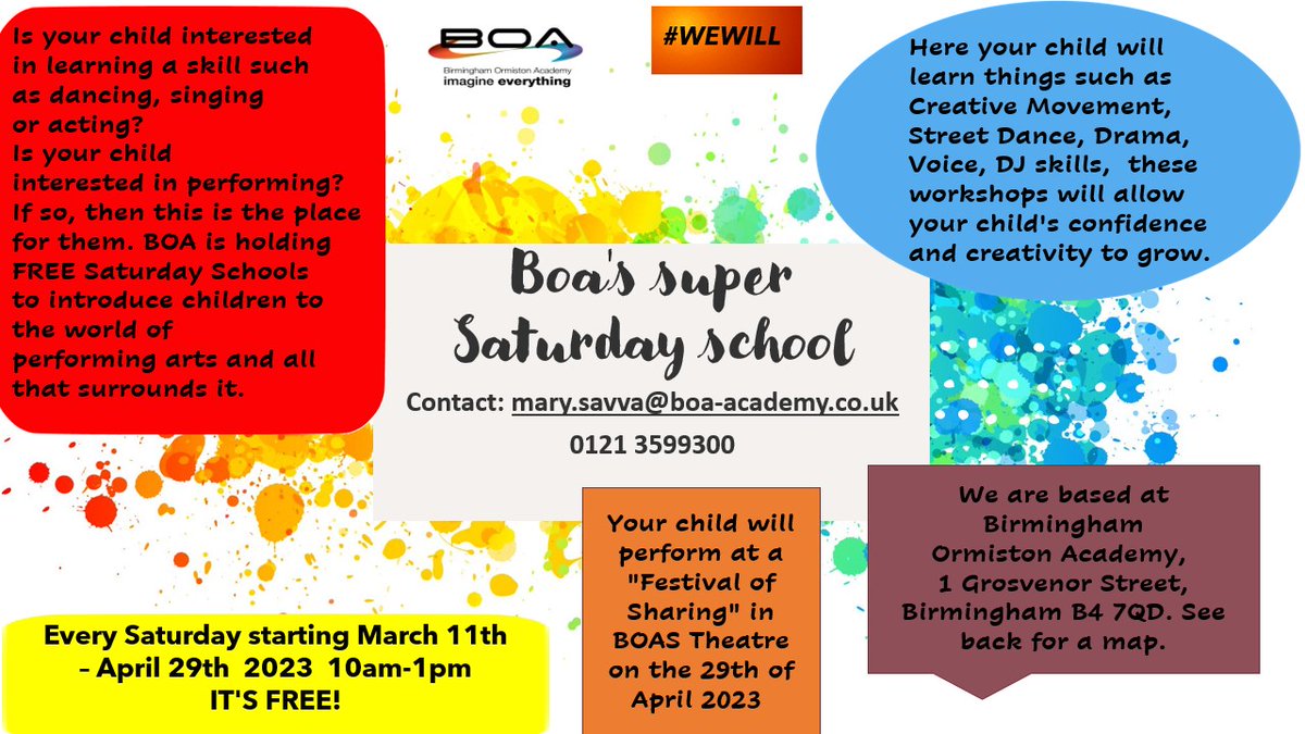 FREE OPP FOR CHILDREN Join BOA in partnership w/ The Ormiston Trust & The National Lottery every Saturday from March 11 - April 29. All workshops will be created and delivered by #WEWILL performing arts social ambassadors. To book your place email: mary.savva@boa-academy.co.uk'