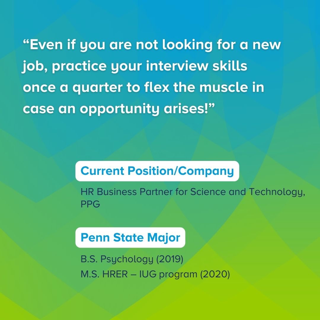 PennStateLER's tweet photo. Build that muscle memory! ๐ช๐ง
You never know what opportunity will arise and when, so stay up-to-date on your interview skills. Thank you, Amber, for todayโs #MondayMotivation. Clearly your interview at @PPG paid off! ๐
#WeAre #AlumniSpotlight #HRER #HR #PennStateLER https://t.co/rw7BHJfs8y
