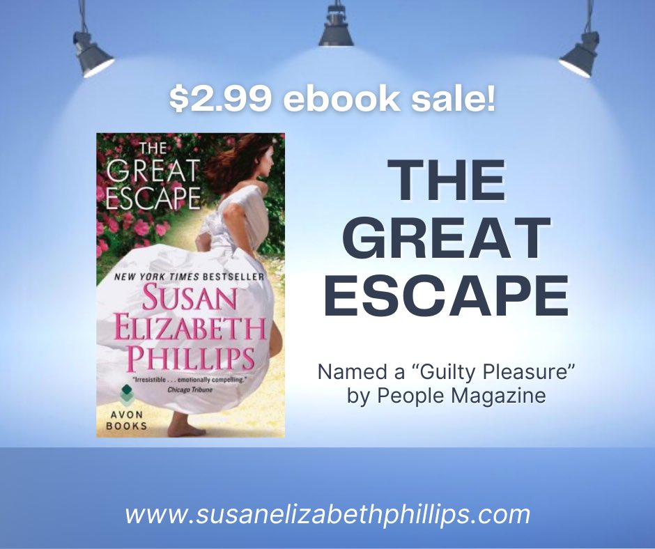 THE GREAT ESCAPE is on #sale in #ebook for only $2.99! Lucy Jorik just abandoned her fiancé, Ted “Mr. Irresistible” Beaudine, at the altar. Now she’s looking for adventure and perhaps a little romance. Get your copy today! susanelizabethphillips.com/book/the-great… #BookTwitter #booktwt #book