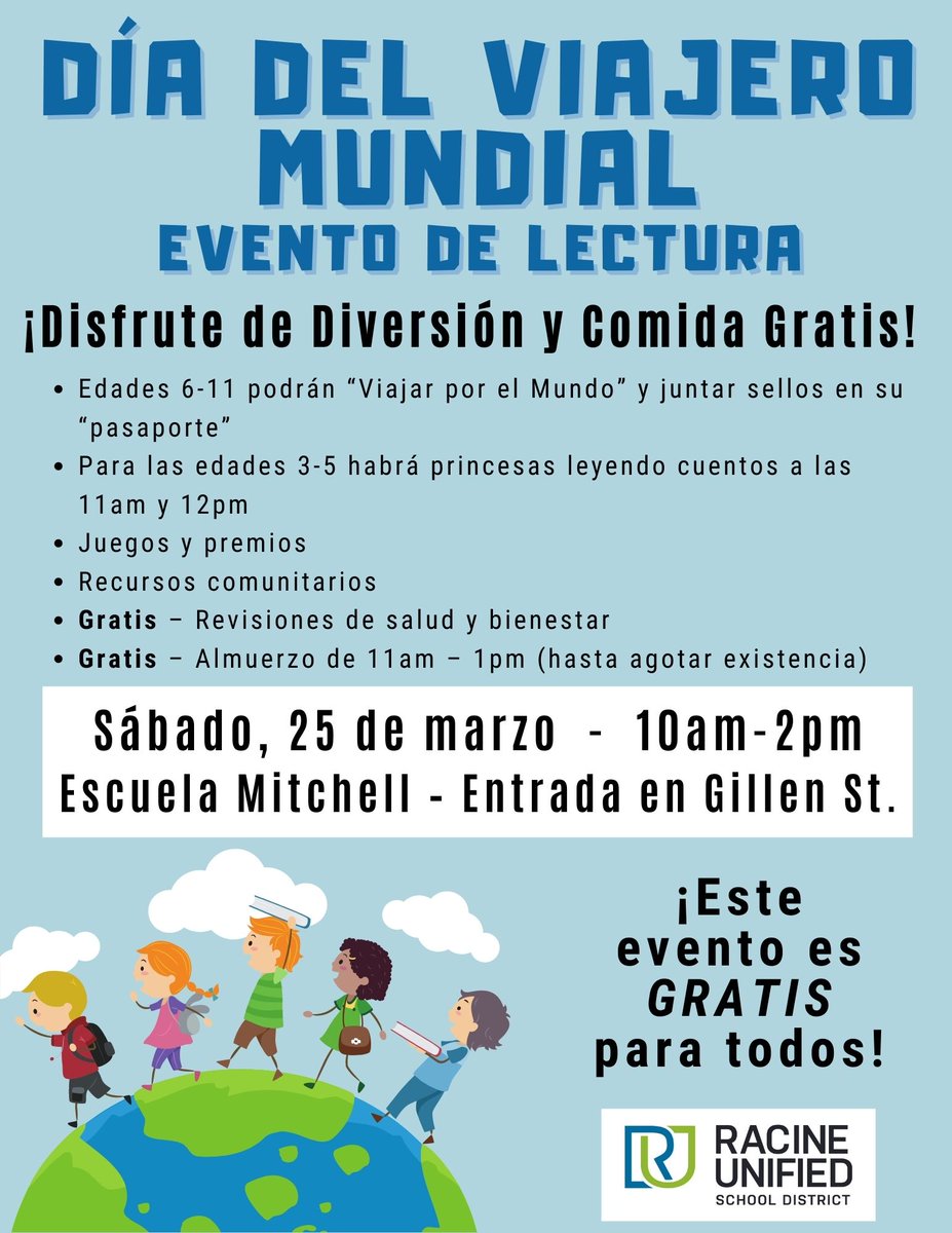 Travel around the world without leaving town! Embark on a literacy journey at World Traveler Day - Sat., March 25 at Mitchell School. (Activities for ages 3-11)
Enjoy FREE food, games, health and wellness screenings and community resource fair.
Event page: fb.me/e/2HIpBdSL3
