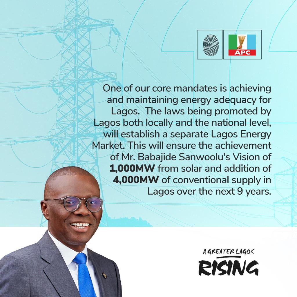 The achievement and maintenance of energy adequacy in Lagos State remains one of our core mandates. 

This is why we stand with Mr. Babajide Sanwo-Olu to deliver to completion on these projects that we have begun. 
.
.
#BOS4More #agreaterlagosrising