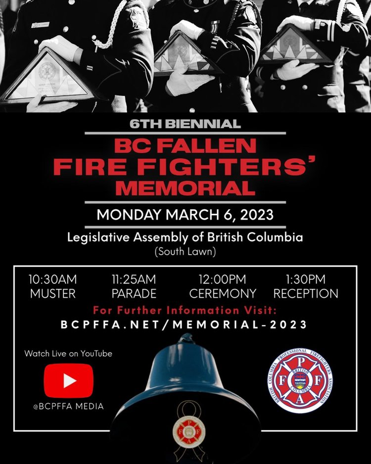 Today we will gather with other Locals from across the Province at the BC Legislature to honour Fire Fighters who have made the ultimate sacrifice. This includes one of our own, Asst Chief Rick Shumka (Retired), and 47 other BCPFFA members being added to the memorial