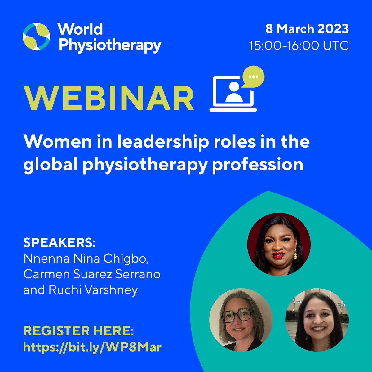 Todavía hay tiempo para inscribirse en el seminario web @WorldPhysio1951 : Mujeres en roles de liderazgo en la profesión de fisioterapia global. 8 /03/2315:00-16:00 UTC Ponentes: Nnenna Nina Chigbo, Carmen Suarez y Ruchi Varshney world.physio/world-physioth… #GlobalPT