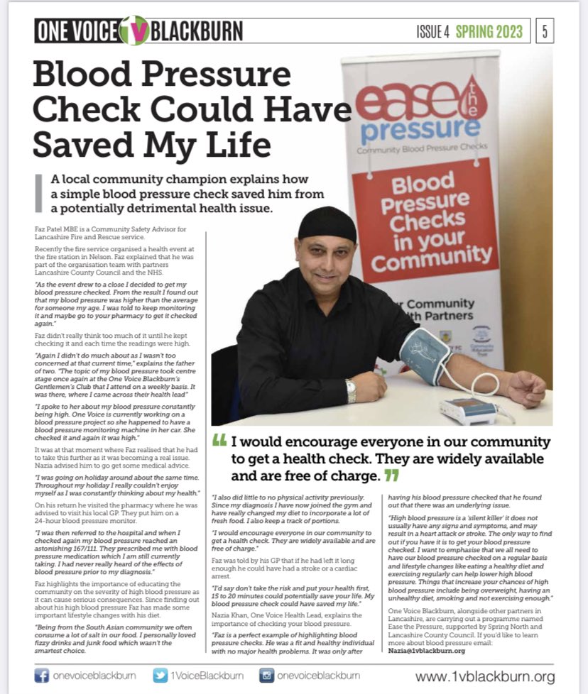 “As the event drew to a close I decided to get my #BloodPressure checked. I found out that my BP was higher than average for someone my age.

“I would encourage everyone over 40’s to get a FREE #healthcheck.” Article published by @1VoiceBlackburn @NHSEngland @WeAreLSCFT @NHSuk