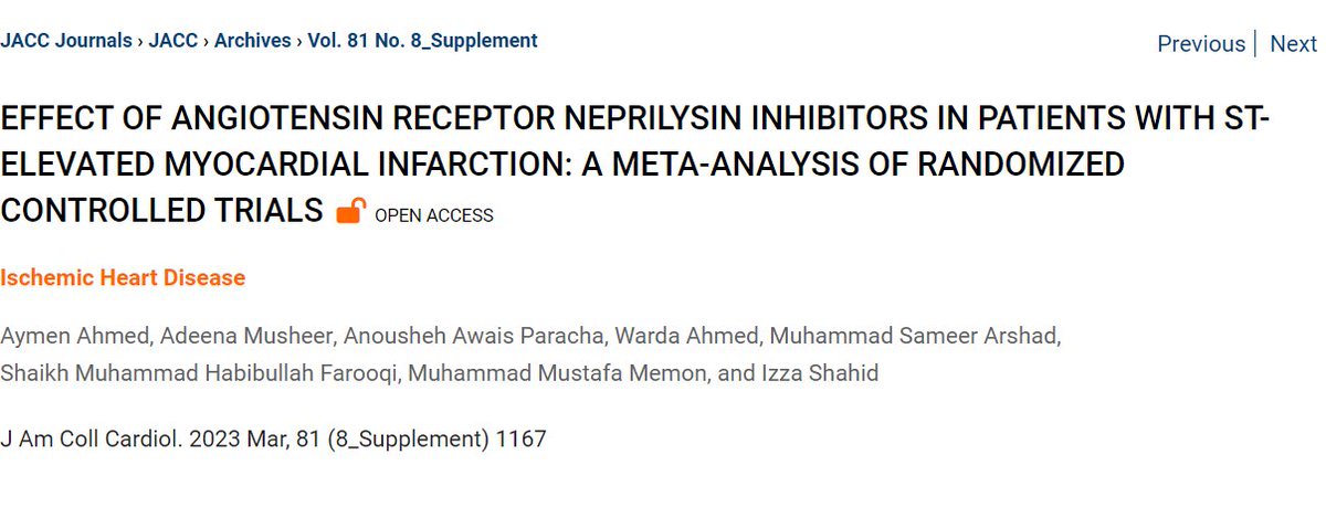 Anousheh Awais Paracha (@anousheh_p) on Twitter photo #Online in <a href="/JACCJournals/">JACC Journals</a> today!
Analyses from our abstract presented at the virtual #ACC23 show that patients with STEMI treated with ARNIs showed:
✅ ⬇️hospitalization for HF
✅ improvement in echocardiographic parameters
✅ ⬇️progression of LV remodeling
#ACC2023 #Online in <a href="/JACCJournals/">JACC Journals</a> today!
Analyses from our abstract presented at the virtual #ACC23 show that patients with STEMI treated with ARNIs showed:
✅ ⬇️hospitalization for HF
✅ improvement in echocardiographic parameters
✅ ⬇️progression of LV remodeling
#ACC2023