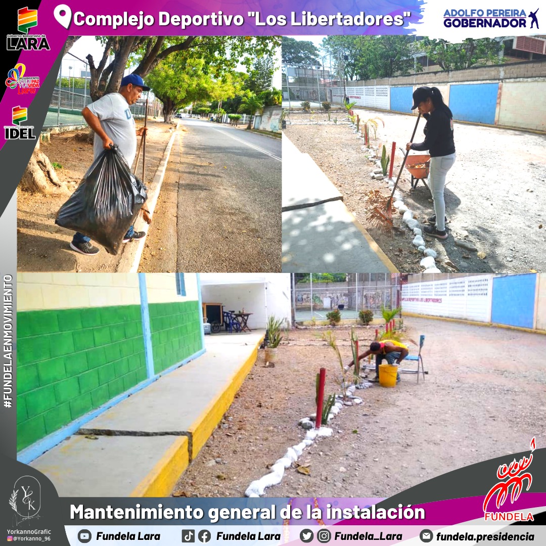 #6Mar Arrancamos la semana efectuando diferentes labores de limpieza y mantenimiento en cada una de nuestras instalaciones deportivas de alto rendimiento.
<a href="/AdolfoP_Oficial/">Adolfo Pereira Gobernador</a> <a href="/MervinMaldonad0/">Mervin Maldonado</a>
<a href="/Educacionlara/">Educación Lara</a> <a href="/Miguelangel_gch/">Miguel González</a>
#SomosLosDeChávez