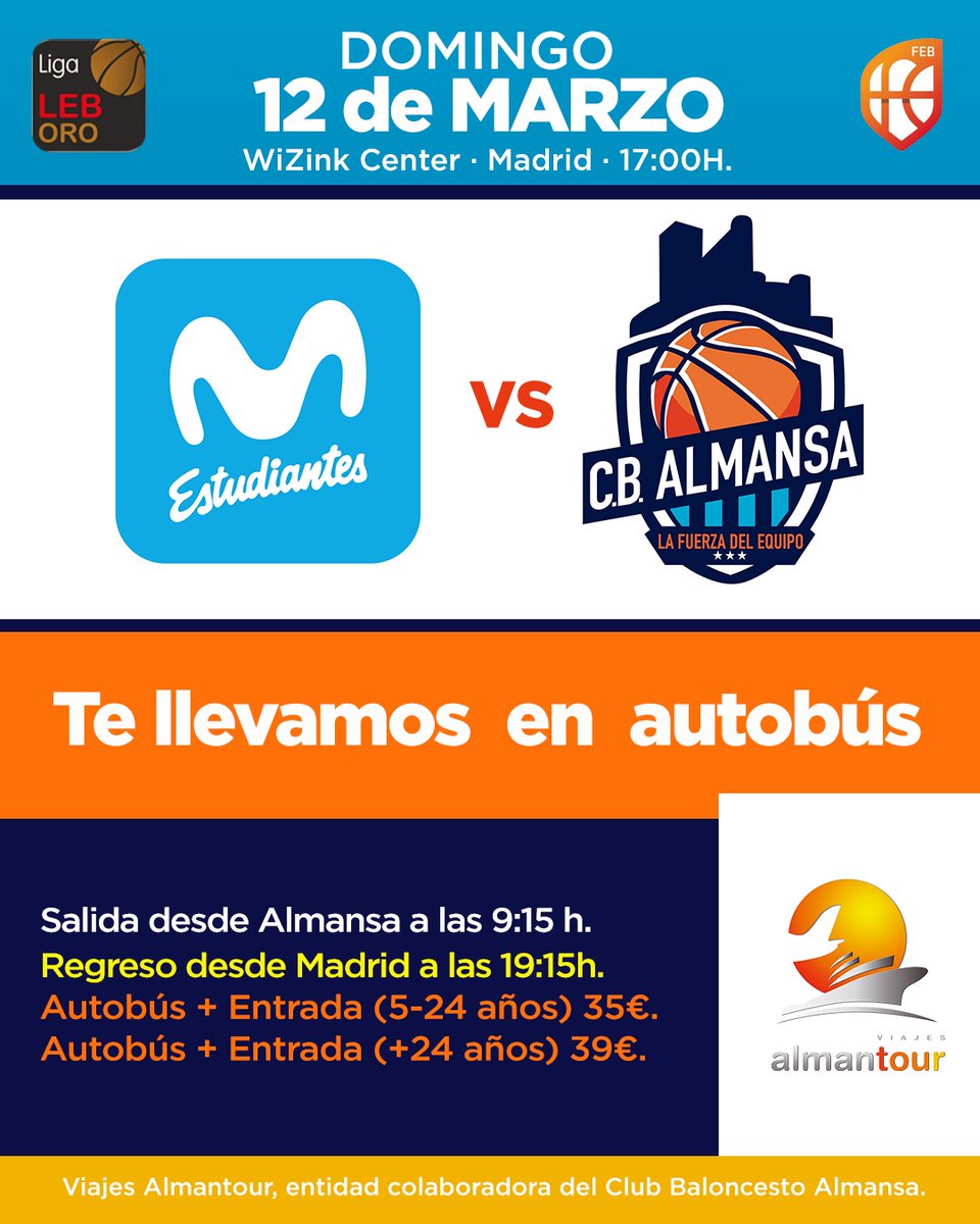 CBAlmansa's tweet photo. 🚍 | ¡Nos vamos al WiZink! 🙌 Volvemos a una de las canchas más espectaculares para enfrentarnos a @MovistarEstu .

Ponte en contacto con @ViajesAlmantour y pasa un domingo diferente en Madrid con el CB Almansa

#JuntosSomosMásFuertes #LaFuerzaDelEquipo https://t.co/fzp1Mn0bnR