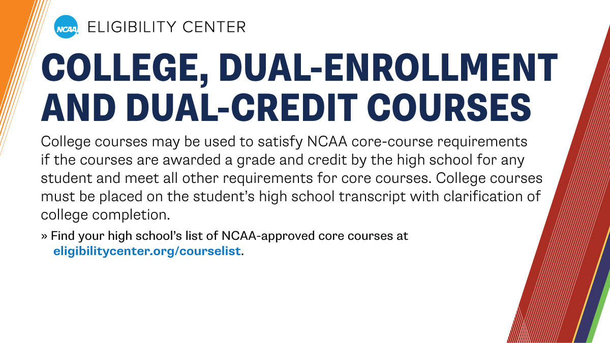 NCAA Eligibility Center (@ncaaec) on Twitter photo DYK? College courses may be used to satisfy <a href="/ncaaec/">NCAA Eligibility Center</a> core-course requirements.
➡️ on.ncaa.com/CollegeDual DYK? College courses may be used to satisfy <a href="/ncaaec/">NCAA Eligibility Center</a> core-course requirements.
➡️ on.ncaa.com/CollegeDual