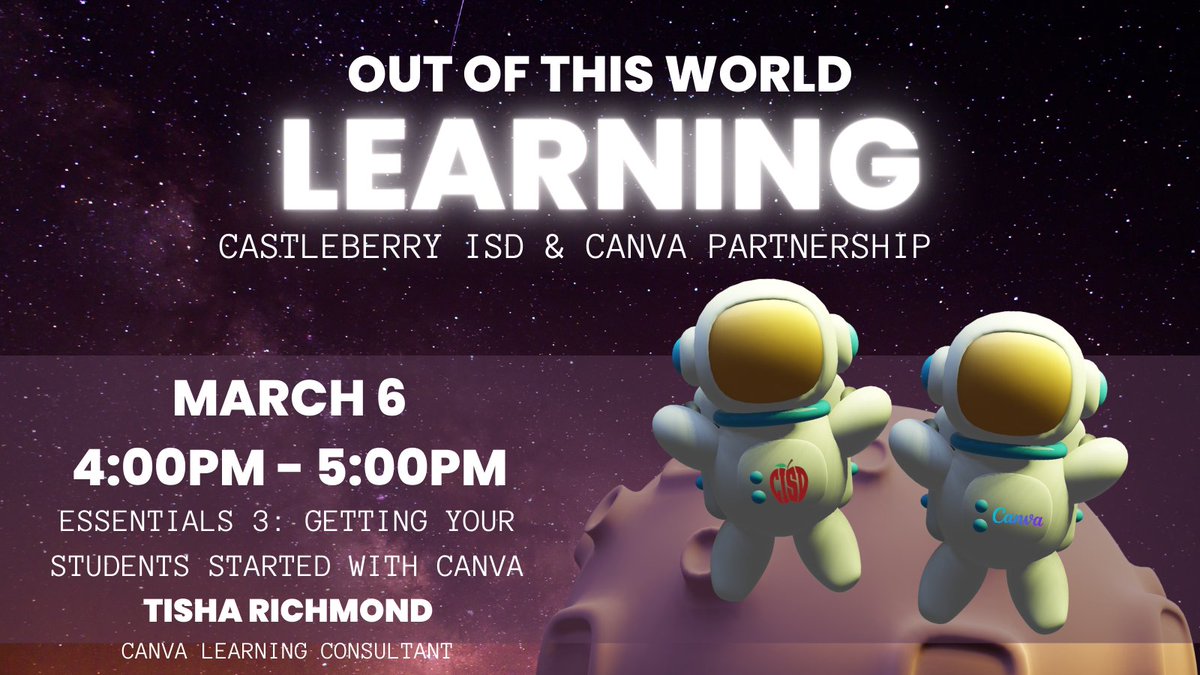 InnovateCISD's tweet photo. ⏰REMINDER: TODAY at 4:00PM join us for Session #3 of our @canva Learning with @tishrich from Canva. ✅ your weekly update in your email 📧 for the Zoom link 🔗 to join from anywhere! See you soon!
#CastleberryISD #CISDInnovation #UCanWithCanva https://t.co/LefwHR5z2m