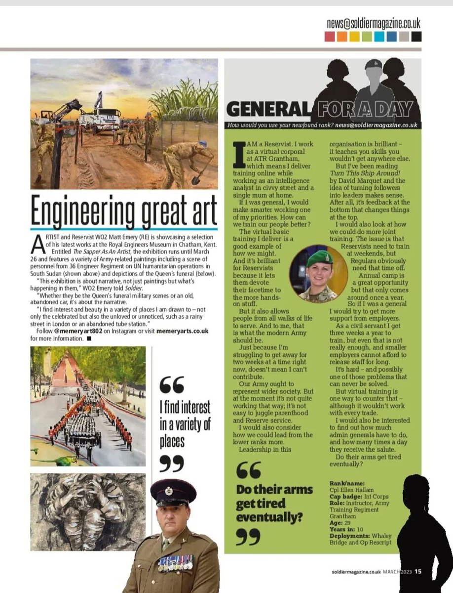 Fantastic to see W02 Matt Emrey in Soldier Magazine for his art, which is on display at the Royal Engineers museum. Strongly recommend members of the #sapperfamily head down there and see the exhibition.

Another example of the varied skills in the Army Reserve.

@memeryart802