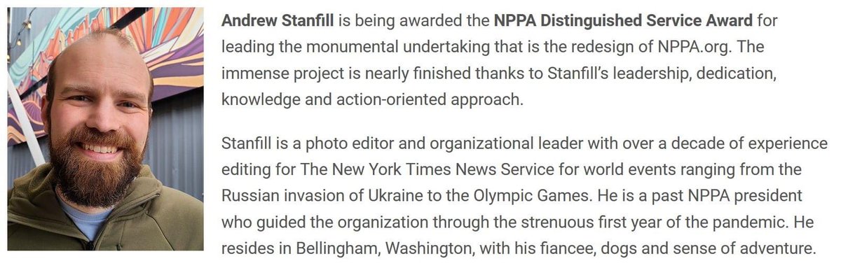 I have been awarded the <a href="/NPPA/">NPPA</a> Distinguished Service Award for my work on the coming website relaunch. It's an honor to keep building things for the visual journalism community. All award winners: nppa.org/news/nppa-hono…