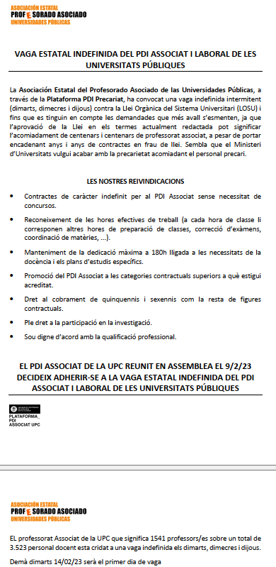 PdiAssociatUpc's tweet photo. @UniversidadGob @subirats9 @xarxavives @UV_EG @europapress_es @europapress @europapress_tv @el_pais @elmundoes @LaVanguardia
EL PROFESORADO ASOCIADO DE LAS UNIVERSIDADES ESTATALES ESTAMOS EN HUELGA INDEFINIDA, HASTA SOLUCIÓN DIGNA A LA PRECARIEDAD DEL COLECTIVO.
NO A LA LOSU.
A IGUAL TRABAJO, IGUALES DERECHOS E IGUAL SUELDO. https://t.co/ZKLp2wqnG3