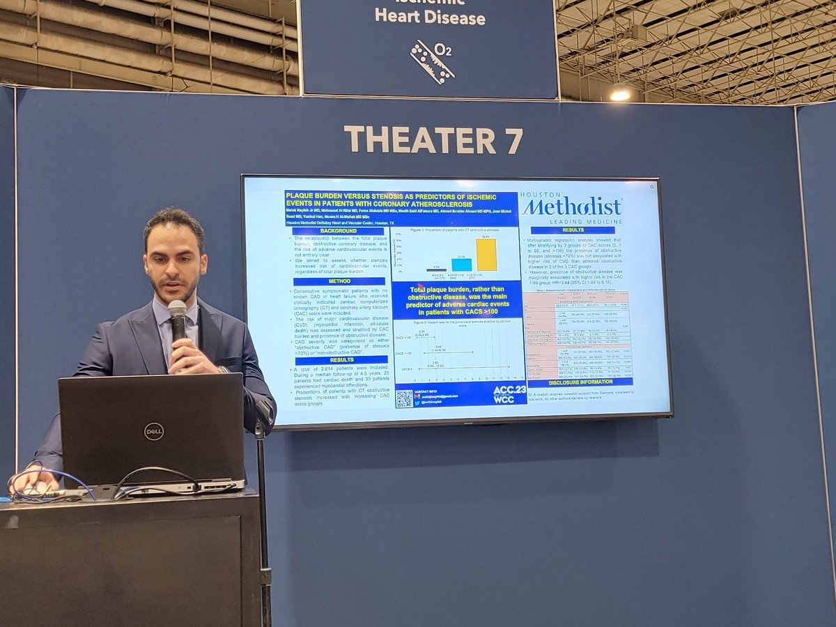 <a href="/MalekNayfeh/">Malek Nayfeh</a> presenting his work on plaque burden vs stenosis happening now at #ACC23 ischemic heart disease theater 7