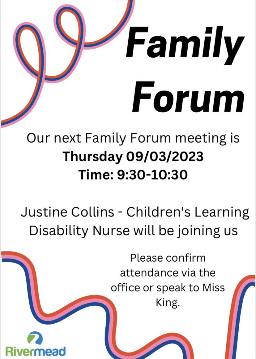 Rivermead School (@rivermeadschool) on Twitter photo Our next Family Forum event! Come along to hear from a member of the Children’s Learning Disability Team @ MCH Our next Family Forum event! Come along to hear from a member of the Children’s Learning Disability Team @ MCH