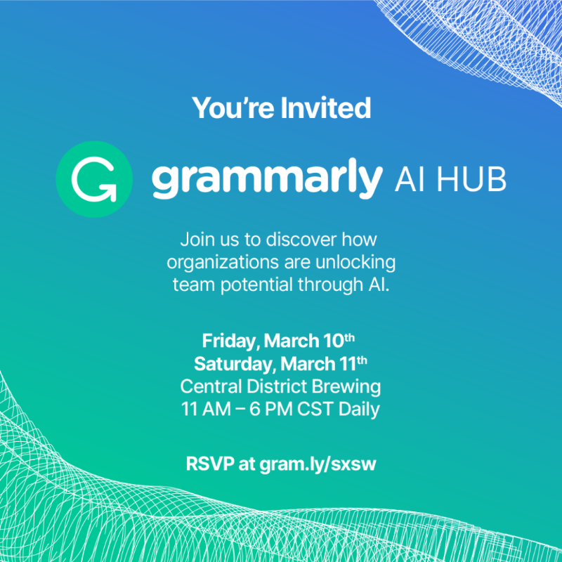 Superhuman's tweet photo. Heading to #SXSW? Join us in Austin from March 10–11 to experience the Grammarly AI Hub for 2 days of inspiring sessions and interactive demos, plus a chance to meet our team and get some Grammarly-branded goodies. 😉

RSVP to join the fun: https://t.co/SSgo2sGfKc