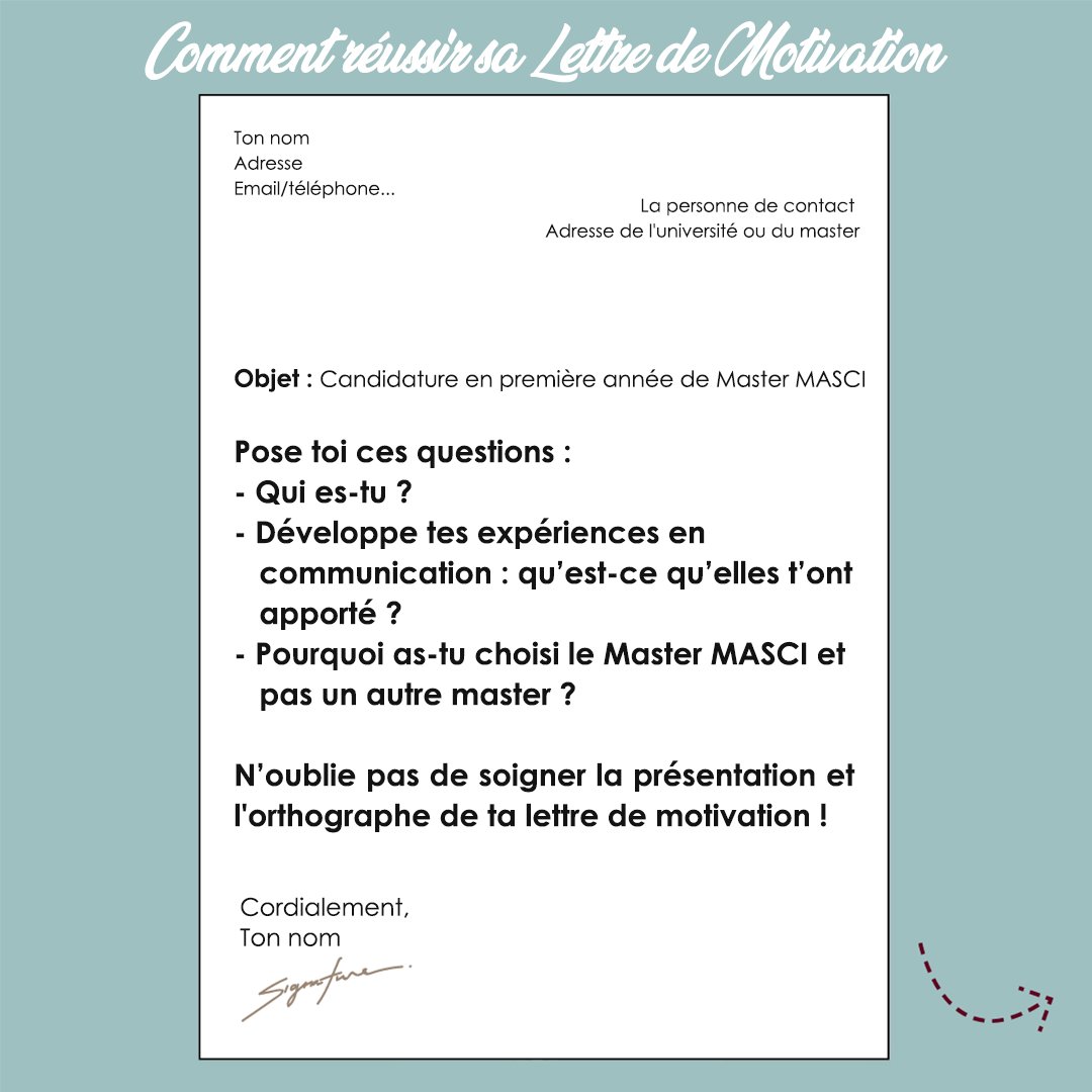 MasterMASCI's tweet photo. Le tuto candidature continue ! 🙌

Après vous avoir parlé du CV, il est maintenant l’heure de vous donner quelques conseils pour la lettre de motivation. 📝

Prochaine étape ? Le projet professionnel 👀

#MasterMASCI  #Trouvermonmaster #lettredemotivation https://t.co/bXCypyA5Fa
