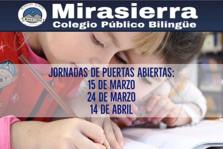 JORNADAS DE PUERTAS ABIERTAS EN #ColegioMirasierraMadrid 
Toda la información e inscripciones en 
educa2.madrid.org/web/centro.cp.…
#ColegiopúblicoMirasierra #Admisiones #Curso2324