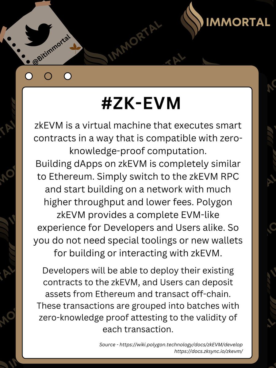BitImmortal's tweet photo. A zero-knowledge #Ethereum Virtual Machine (zkEVM) is a virtual machine that executes smart contract transactions in a way that's compatible with both zero-knowledge-proof computations and existing Ethereum infrastructure (EVM).

#Crypto #education #Web3 https://t.co/DCDzaHSnCQ