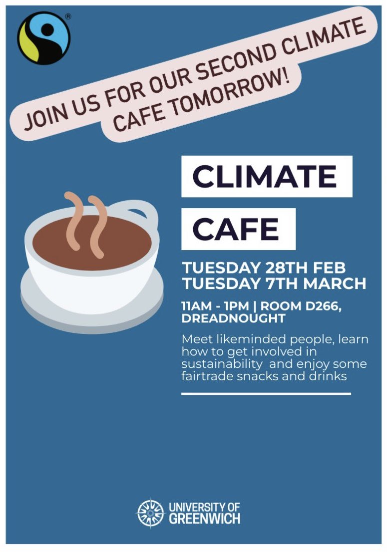 Come join us for our second Climate Cafe tomorrow at Dreadnought between 11am - 1pm. 

Find out how you can get involved with sustainability, meet others and enjoy some Fairtrade snacks and drinks. ☕️