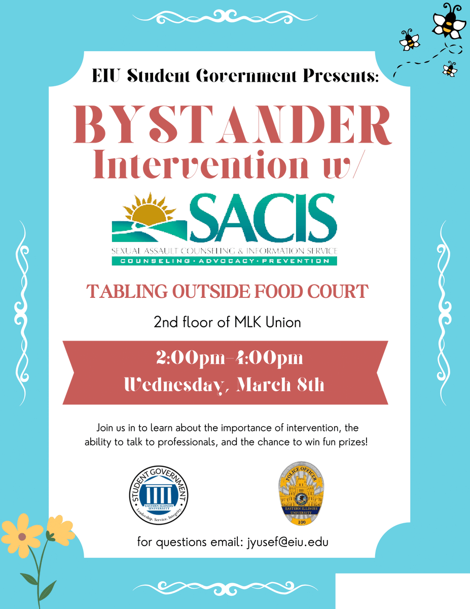 teamsacis's tweet photo. Join us Thursday in the @eiu Union! We will be promoting bystander intervention in partnership with Student Government for Safety Week! Hope to see you there 🙂 https://t.co/UmoGLyknRK