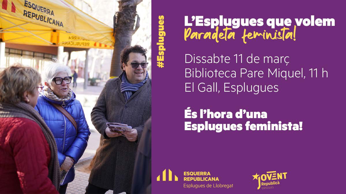 ERC_Esplugues's tweet photo. 📣 [PARADETA] És l’hora d’una #Esplugues feminista!

💜 En motiu del #8M, dia internacional de la dona treballadora, us esperem aquest dissabte per parlar sobre la ciutat que volem! 🧏🏻‍♀️

📆 Dissabte, 11 de març
⏰ D’11 a 13 h
📌 Biblioteca Pare Miquel, #ElGall https://t.co/MPFnPIfICq