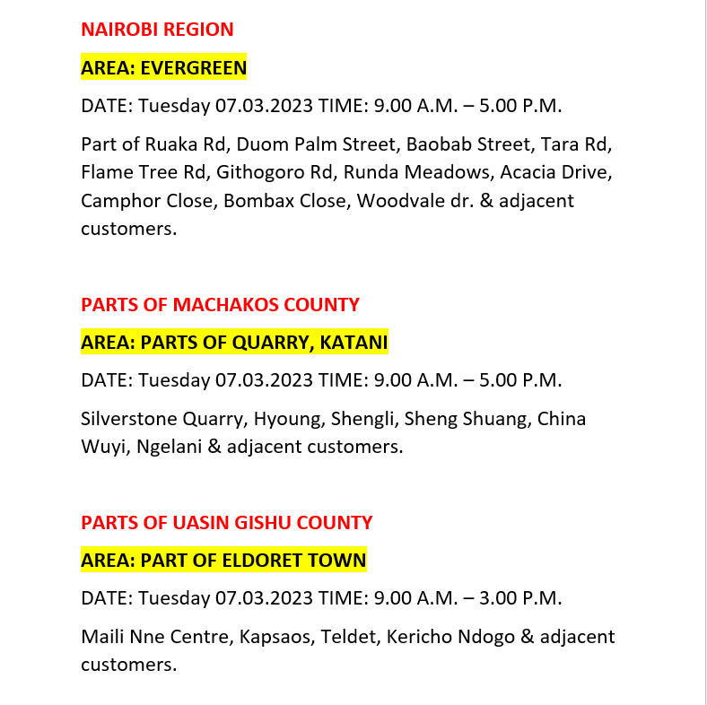 KenyaPower_Care's tweet photo. Good evening,
These areas will be affected by scheduled power interruptions to carry out network maintenance. ^MO https://t.co/pCyk8mmHrq