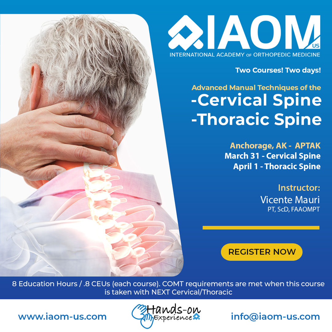 IAOMUS's tweet image. #livecourse in #alaska
2 days - 8hrs (Friday) for Cervical and 8hrs (Saturday) for Thoracic!
Learn hands on skills with this Advanced Manual Techniques Courses 
#manualtherapy #diagnosis #anatomy #pathology #examination